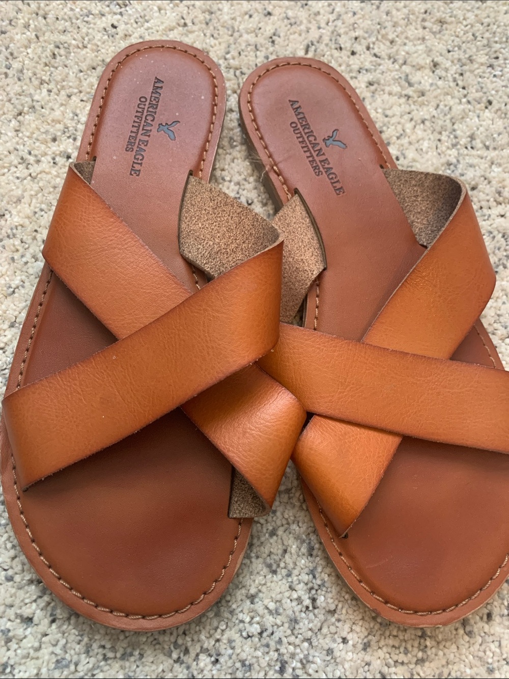 American Eagle Outfitters Tan Leather Cross-Strap Slide Sandals